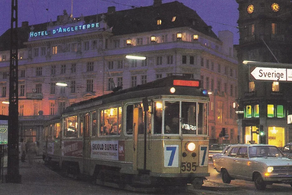 Postcard: Copenhagen tram line 7 with railcar 595 at Kongens Nytorv (1965-1970)