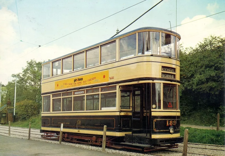 Postcard: Crich bilevel rail car 189 on Tramway Village (1970)