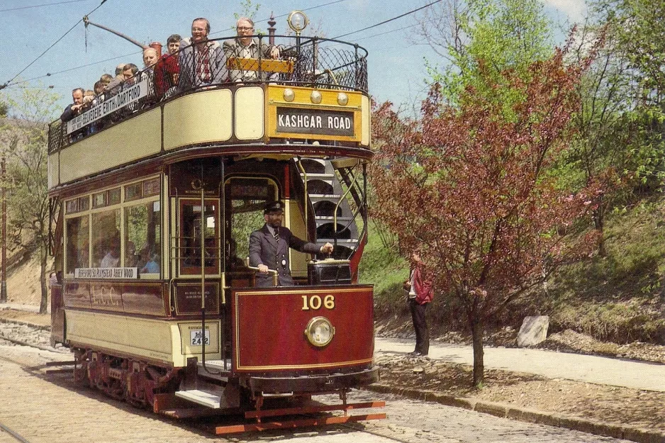 Postcard: Crich museum line with bilevel rail car 106 on Tramway Village (1970)
