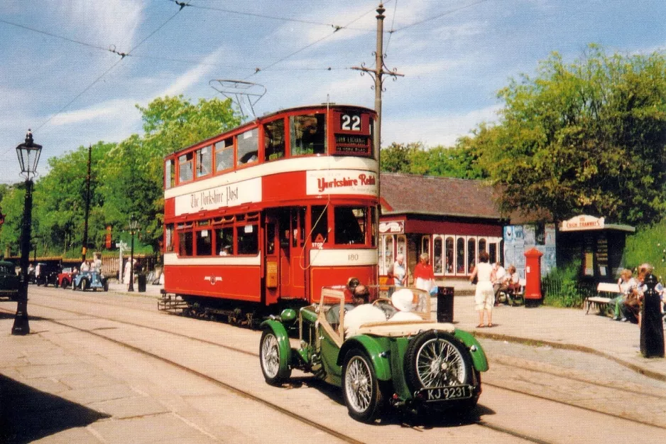 Postcard: Crich museum line with bilevel rail car 180 at Stephenson Place (1975)