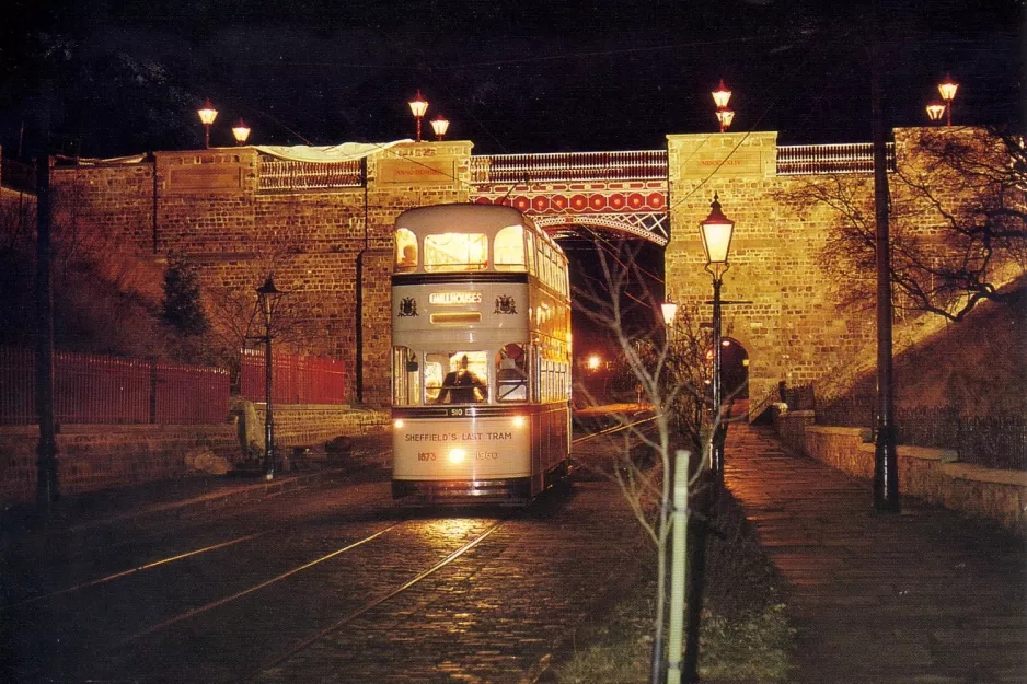 Postcard: Crich museum line with bilevel rail car 510 near Bowes-Lyon Bridge (1980)