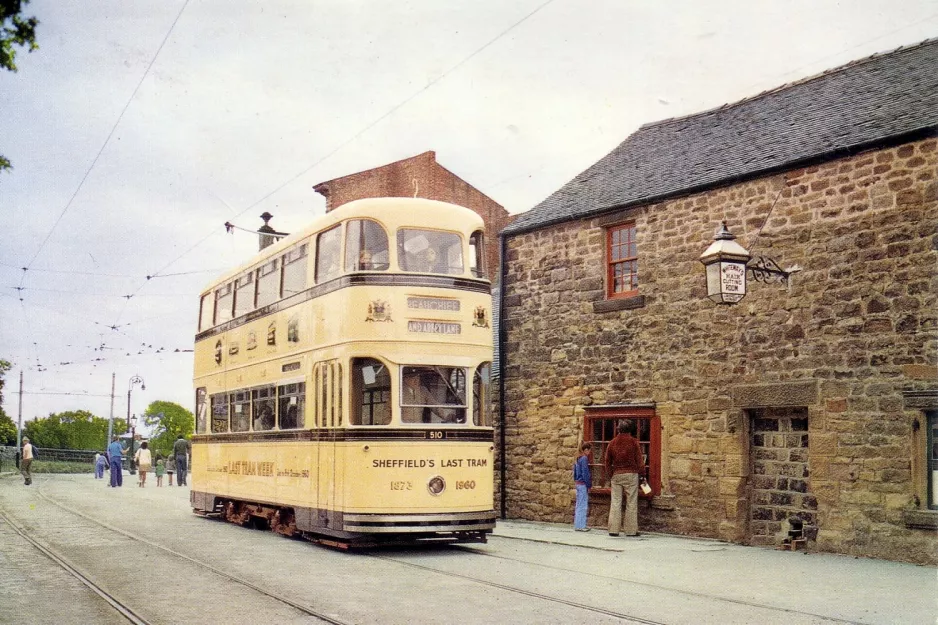 Postcard: Crich museum line with bilevel rail car 510 on Tramway Village (1970)