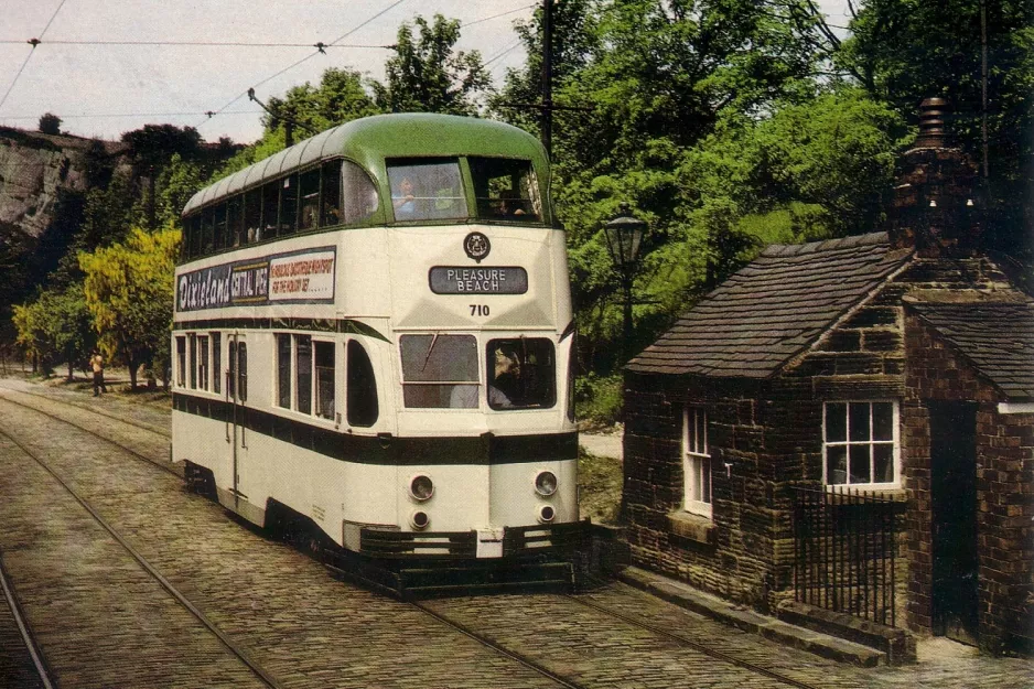 Postcard: Crich museum line with bilevel rail car 710 in Tramway Village (1970)