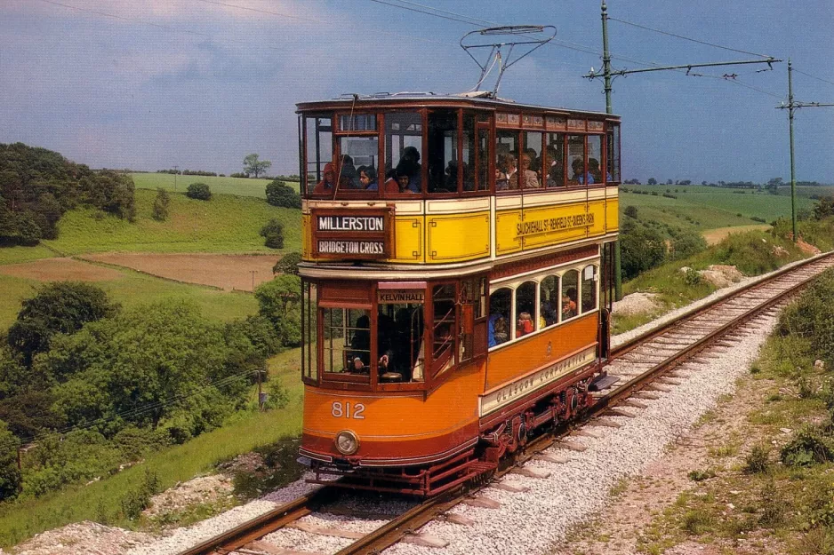 Postcard: Crich museum line with bilevel rail car 812 on Tramway Village (1980)