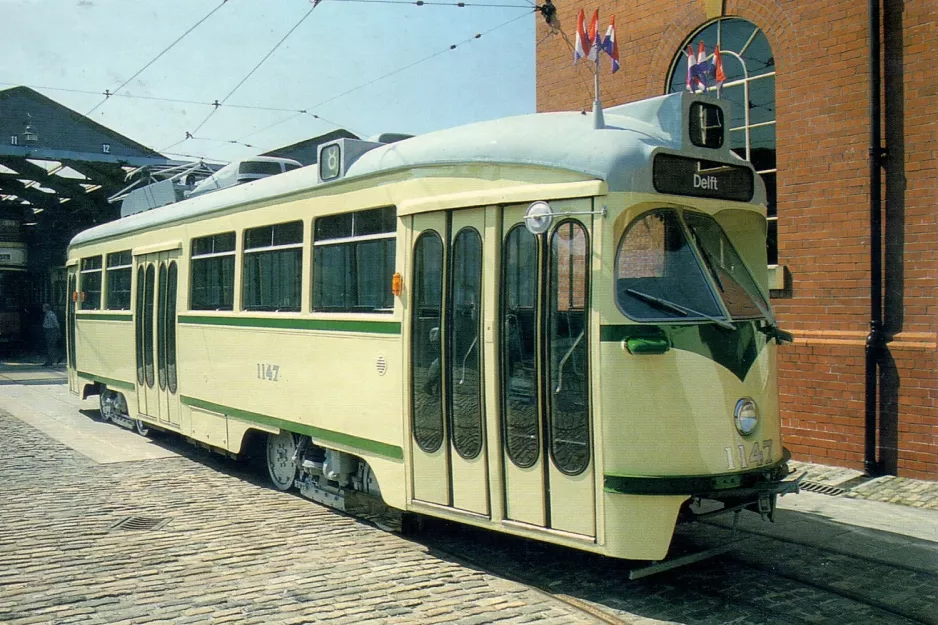 Postcard: Crich railcar 1147 in front of Tramway Village (1980)