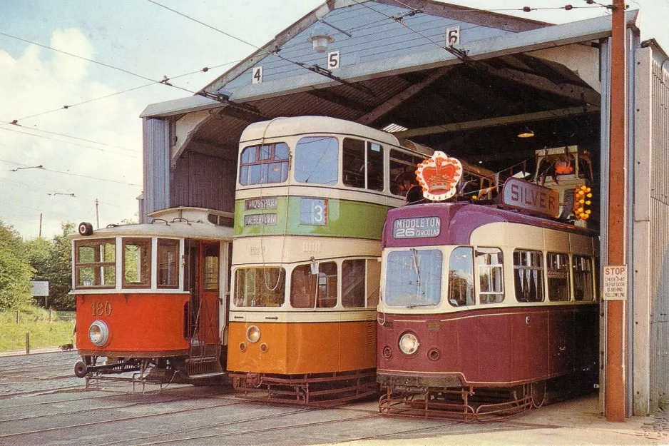 Postcard: Crich railcar 180 in Exhibition Hall (1970)