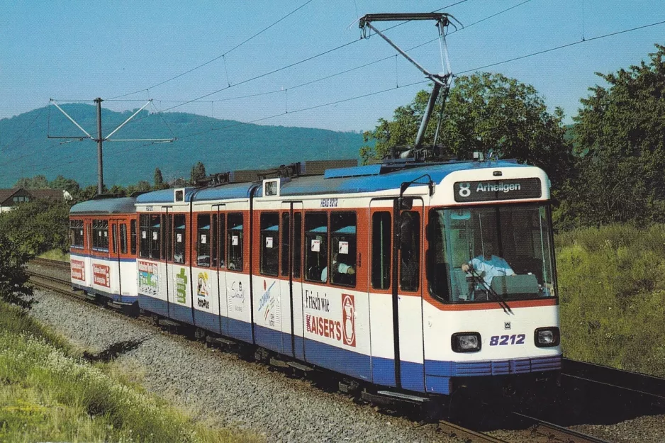 Postcard: Darmstadt tram line 8 with articulated tram 8212 near Alsbach (1990)
