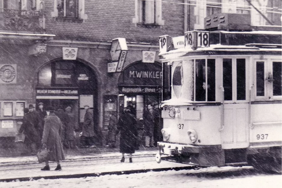 Postcard: Dresden tram line 18 with railcar 937 on Körnerplatz (1956)