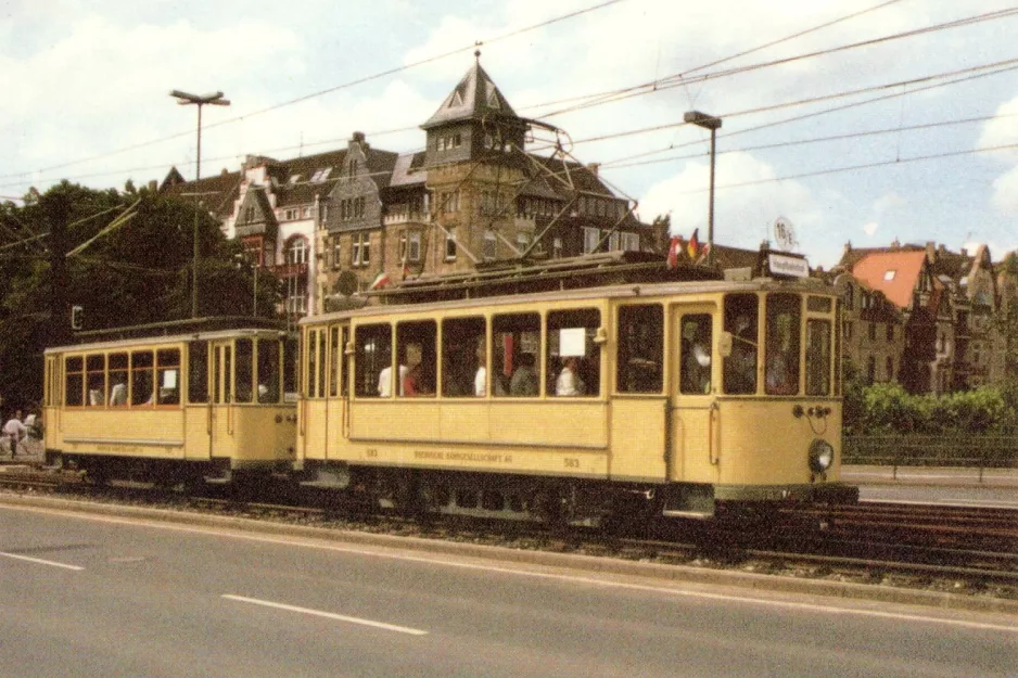Postcard: Düsseldorf Stadtrundfahrten with railcar 583 near Oberkasseler Brücke (1988)