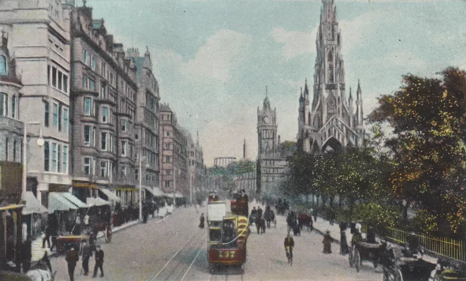Postcard: Edinburgh bilevel rail car 137 on Princes Street (1919)