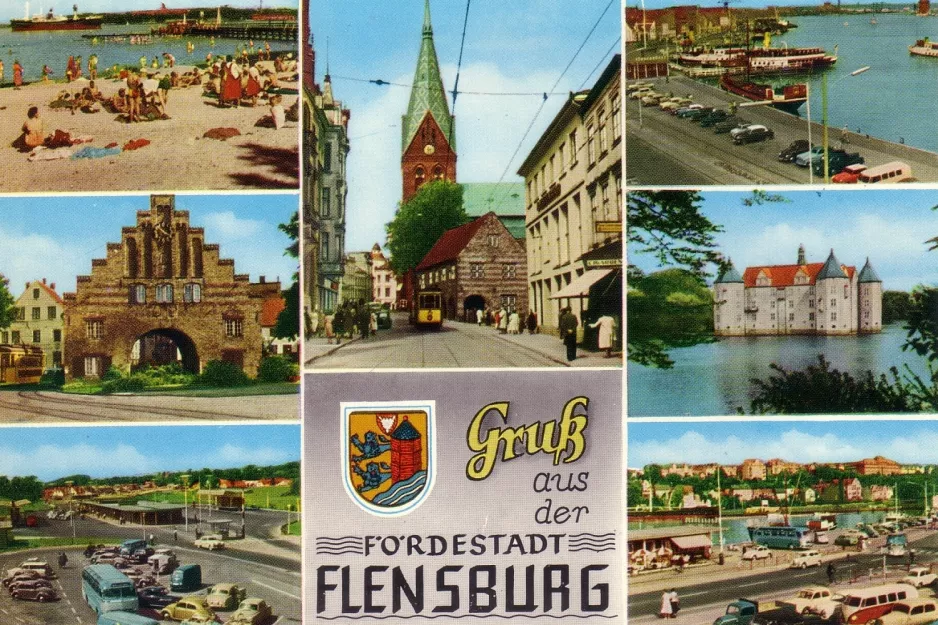 Postcard: Flensburg tram line 1 on Große Straße (1965)