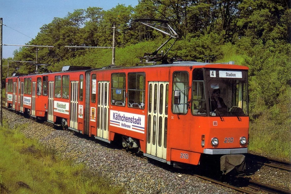Postcard: Frankfurt (Oder) tram line 4 with articulated tram 210 near Markendorf (1991)