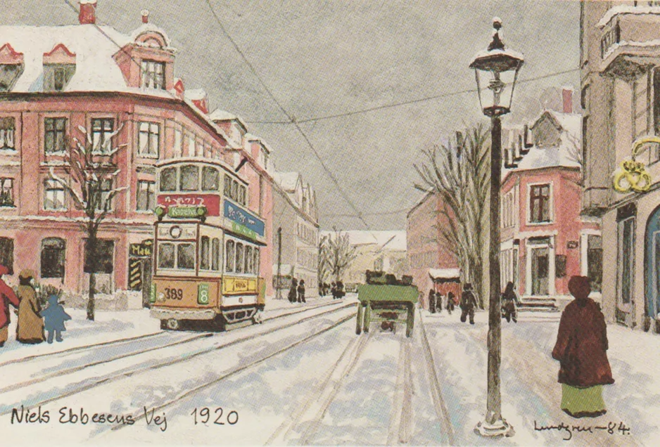 Postcard: Frederiksberg tram line 8 with bilevel rail car 389 on Niels Ebbesens Vej (1920)