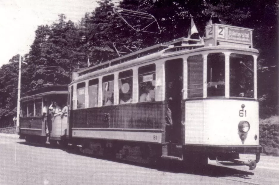 Postcard: Freiburg im Breisgau tram line 2 with railcar 61 at Holbeinstr. (1949)