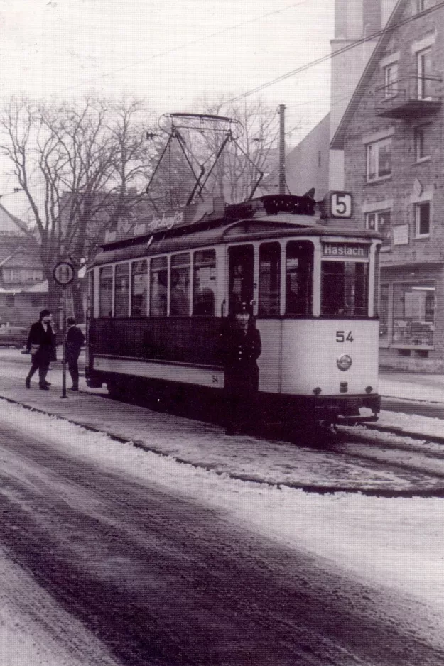 Postcard: Freiburg im Breisgau tram line 5 with railcar 54 on Urbanstraße, Herdern (1961)