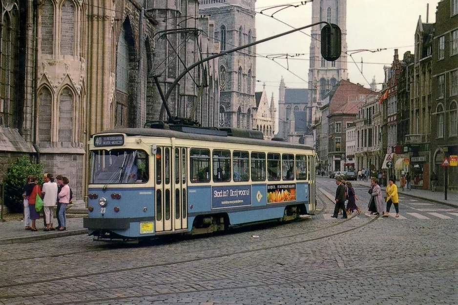Postcard: Ghent tram line 4 with railcar 23 on Korenmarkt (1987)