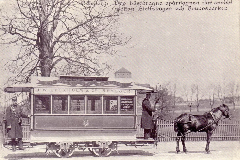 Postcard: Gothenburg horse tram line with horse tram on Södra Allégatan (1879)