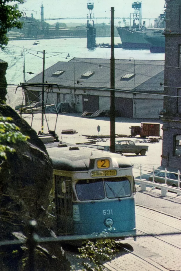 Postcard: Gothenburg tram line 2 with railcar 531 on Packhuskajen (1971)