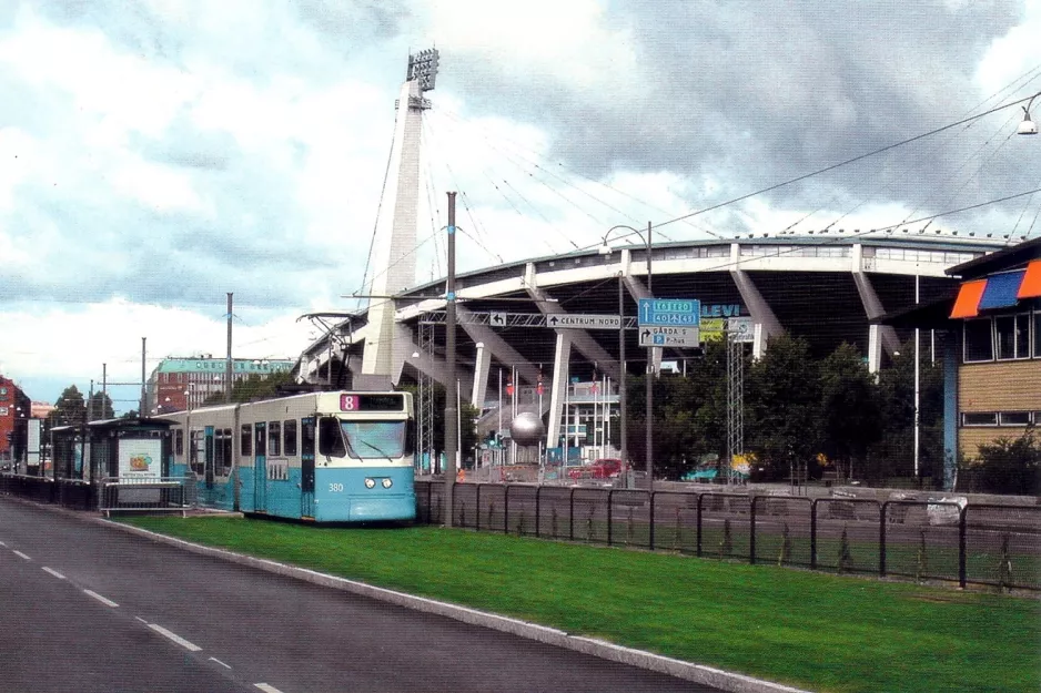 Postcard: Gothenburg tram line 8 with articulated tram 380 at Ullevi Södra (2003)
