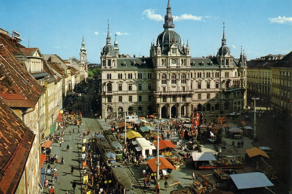 Postcard: Graz tram line 5  on Hauptplatz / Congress (1981)