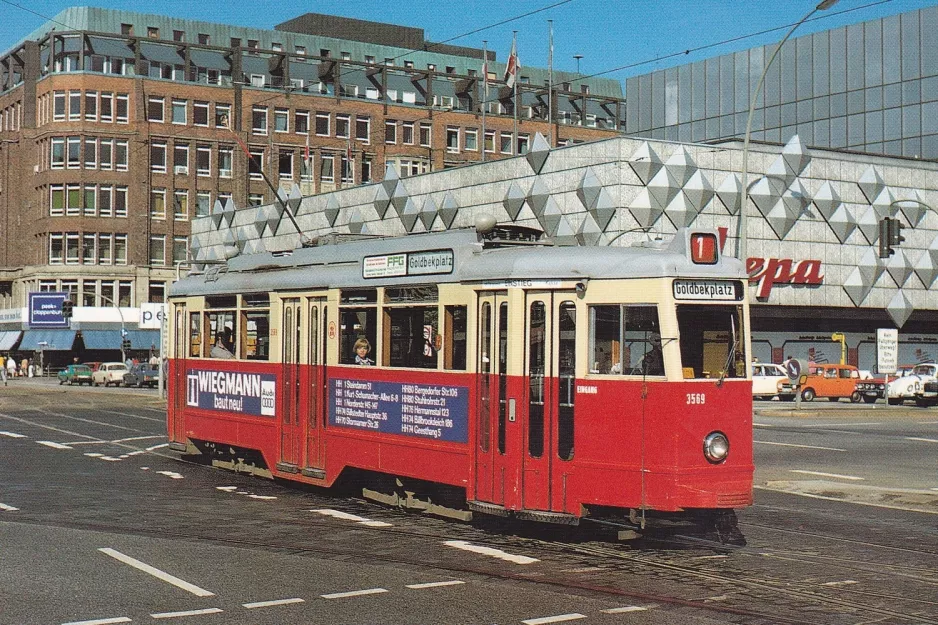 Postcard: Hamburg tram line 1 with railcar 3569 near Hauptbahnhof (1976)