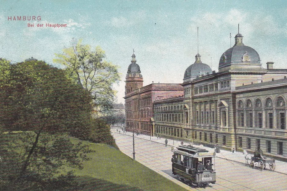 Postcard: Hamburg tram line 26 with railcar 692 near Hauptpost (1894)
