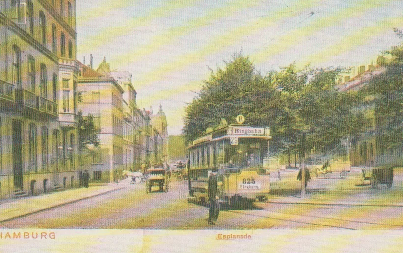 Postcard: Hamburg tram line 26 with railcar 825 on Esplanada (1904)