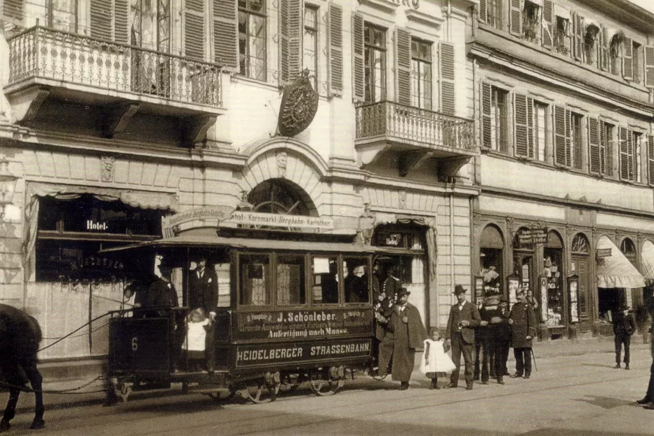 Postcard: Heidelberg horse tram 6 on Kornmarkt (1900)
