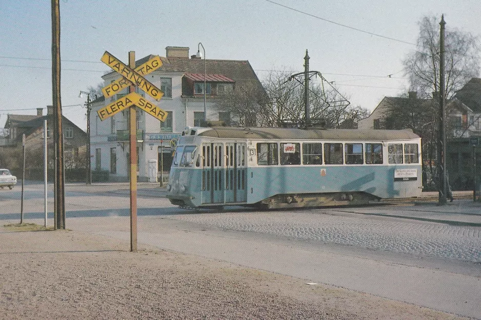 Postcard: Helsingborg tram line 3 with railcar 53 in the intersection Planteringsvägen (1967)