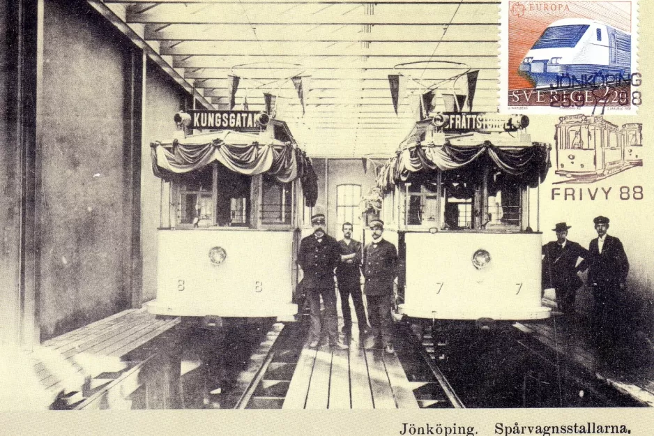 Postcard: Jönköping railcar 8 inside the depot Spårvagnsstallarna (1907)