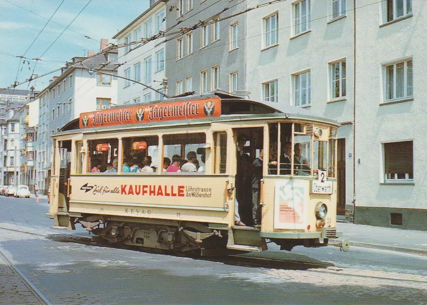 Postcard: Koblenz tram line 2 with railcar 33 in the intersection Frankenstraße/Chlodwigstraße (1967)