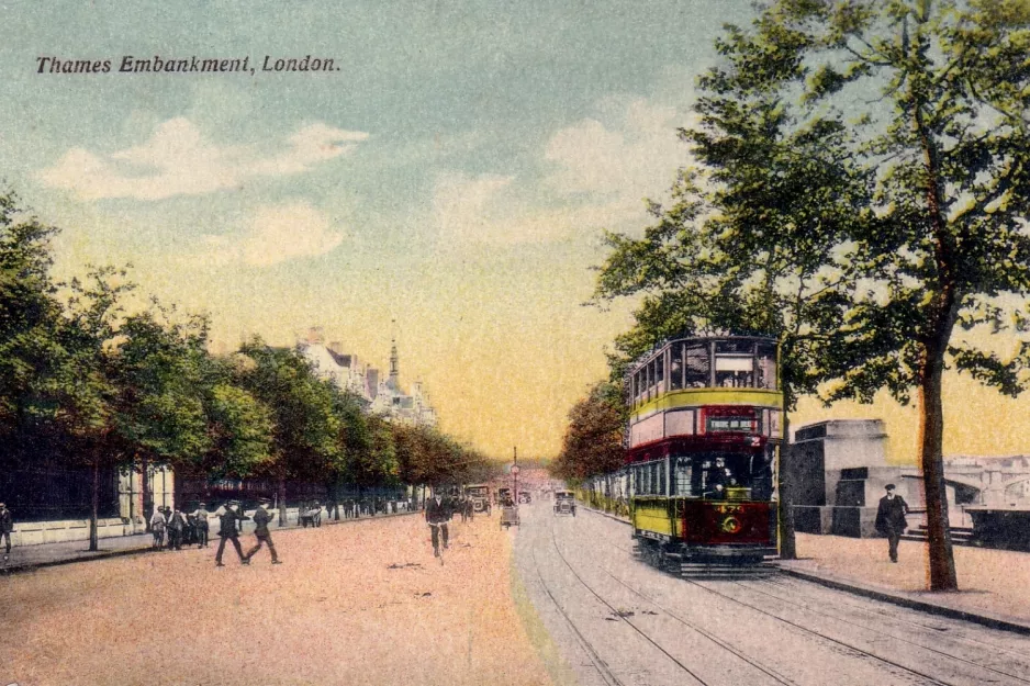 Postcard: London tram line 2 with bilevel rail car 479 on Thames Embankment (1933)
