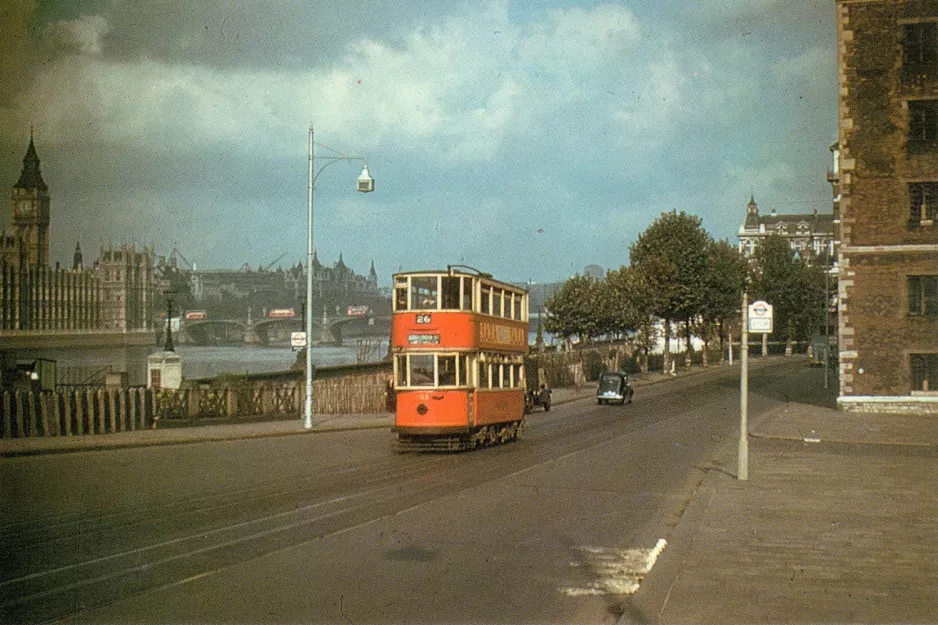 Postcard: London tram line 26 with bilevel rail car 1763 on Albert Embankment (1949)