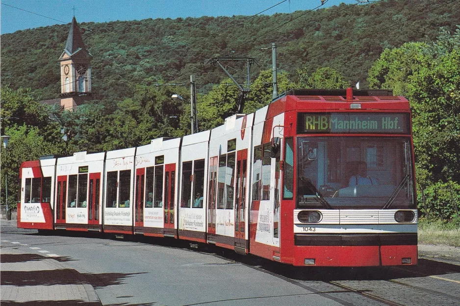 Postcard: Ludwigshafen regional line 4 with low-floor articulated tram 1043 on Mannheimer Straße, Bad Dürkheim (1996)