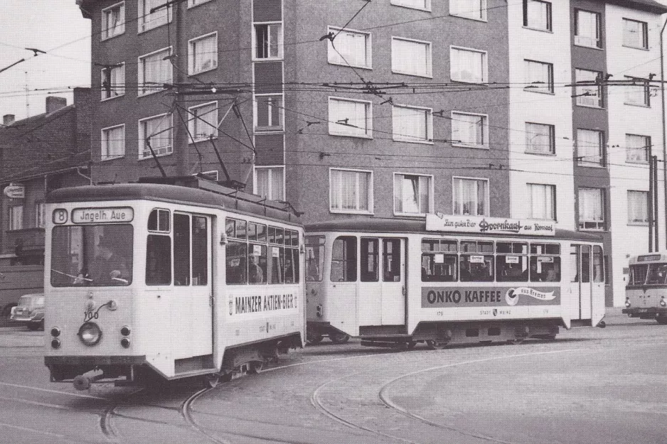 Postcard: Mainz tram line 52 with railcar 100 at Kreyßigstr. (1954)