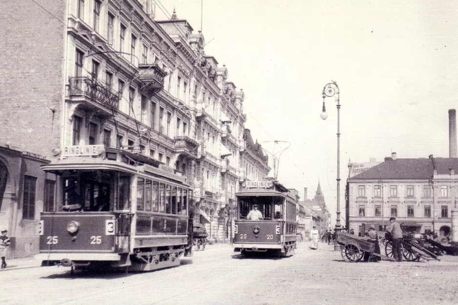 Postcard: Malmö tram line 3 with railcar 25 on Gustav Adolfs Torv (1907)