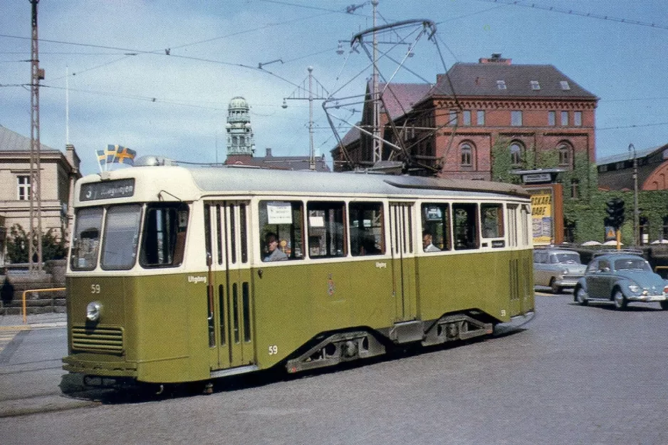 Postcard: Malmö tram line 3 with railcar 59 on Norra Vallgatan (1961)