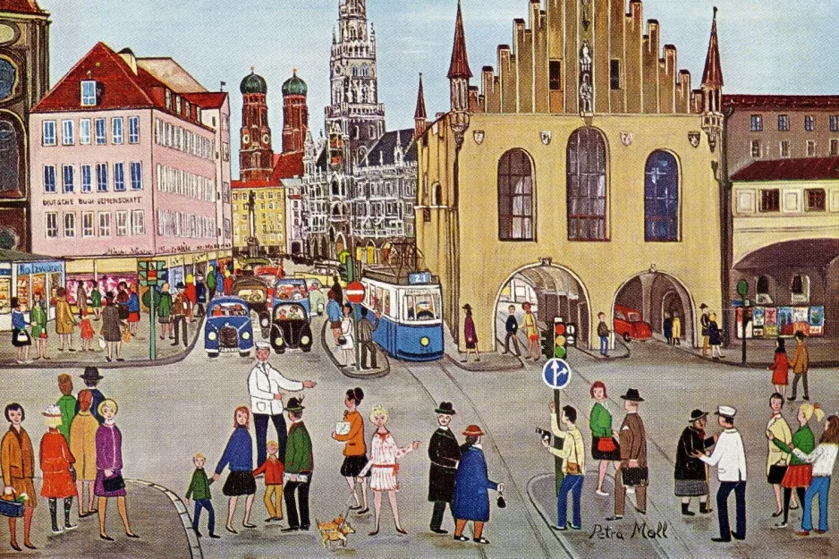 Postcard: Munich tram line 21 on Marienplatz (1985)