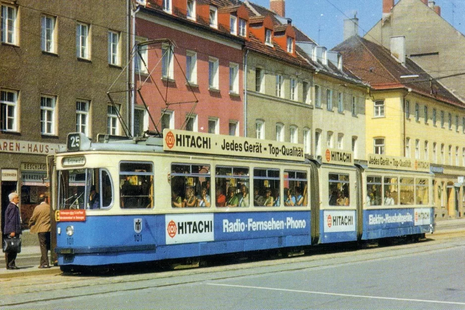 Postcard: Munich tram line 25 with articulated tram 101 at Mariahilfplatz (1971)
