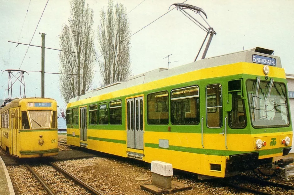 Postcard: Neuchâtel regional line 215 with articulated tram 591 at Champ-Bougin (1981)