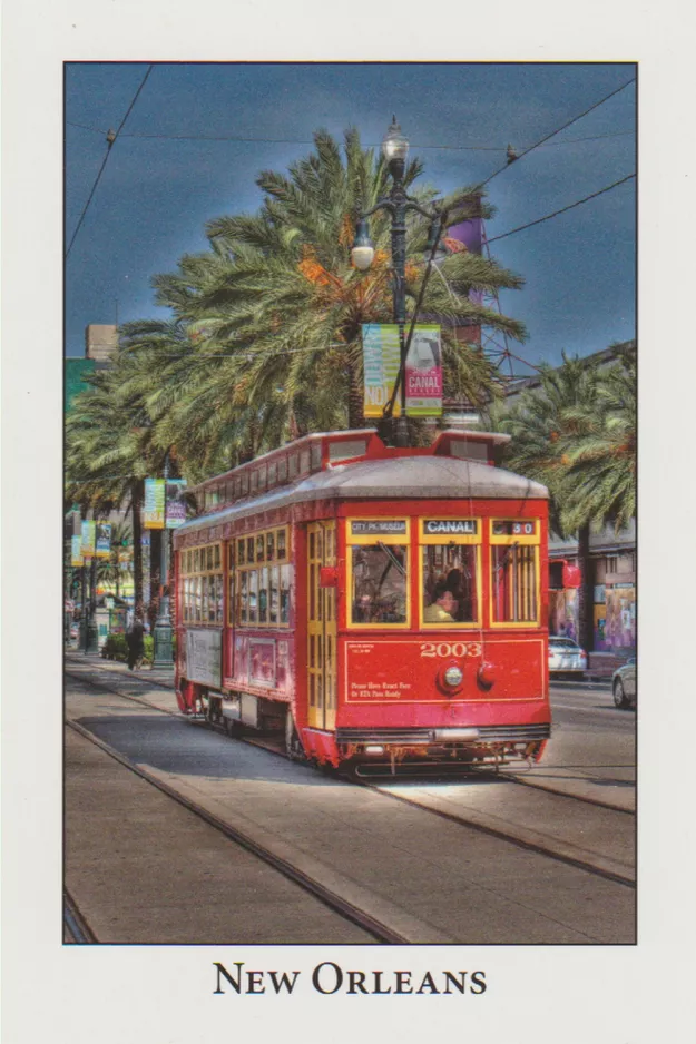 Postcard: New Orleans line 47 Canal Streetcar with railcar 2003 at Canal / S Peters (2010)