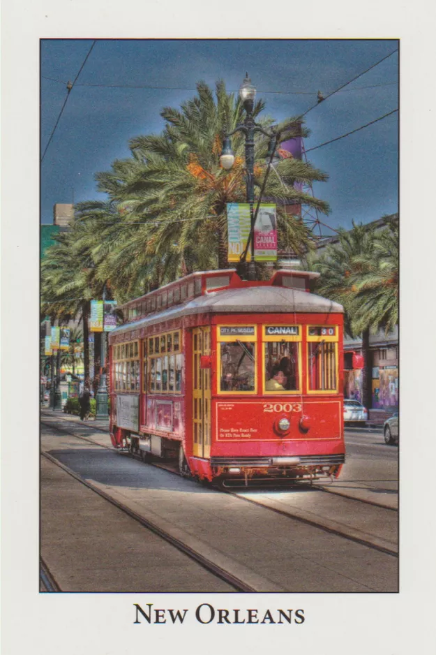 Postcard: New Orleans line 47 Canal Streetcar with railcar 2003 on Canal Street (2010)