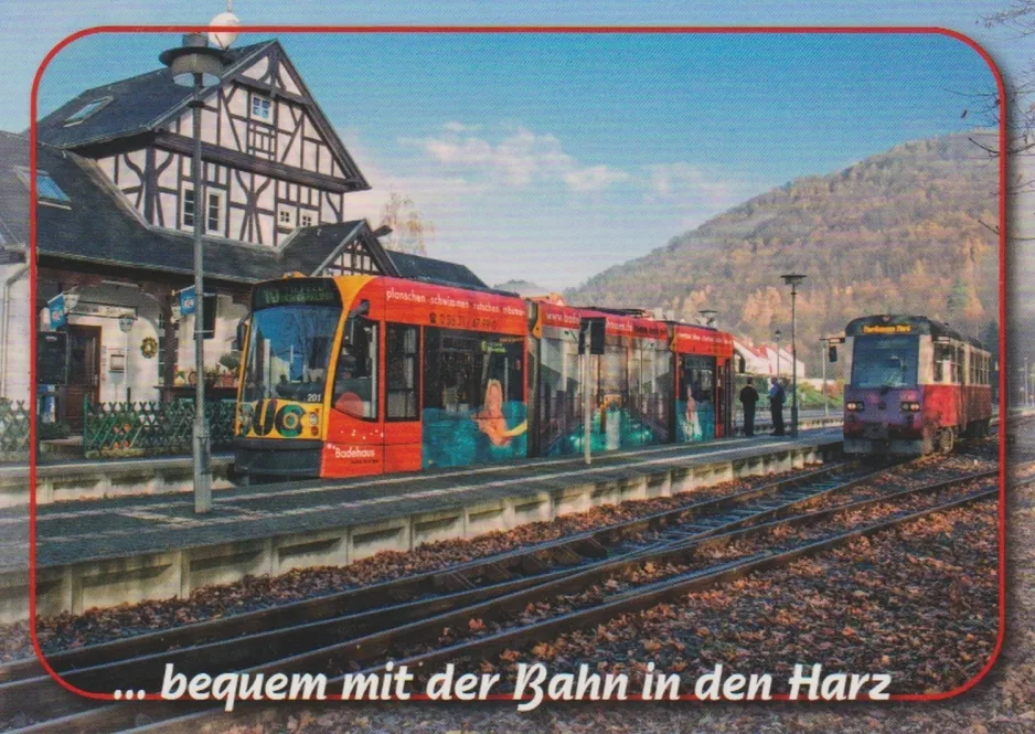 Postcard: Nordhausen regional line 10 with low-floor articulated tram 201 at Ilfeld (2004)