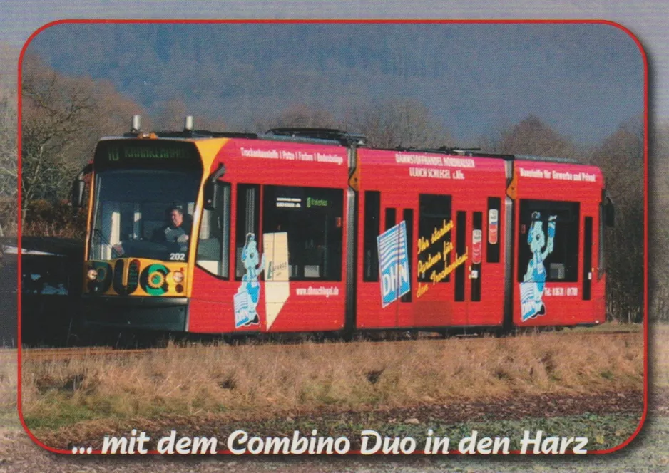 Postcard: Nordhausen regional line 10 with low-floor articulated tram 202 near Niedersachswerfen (2004)