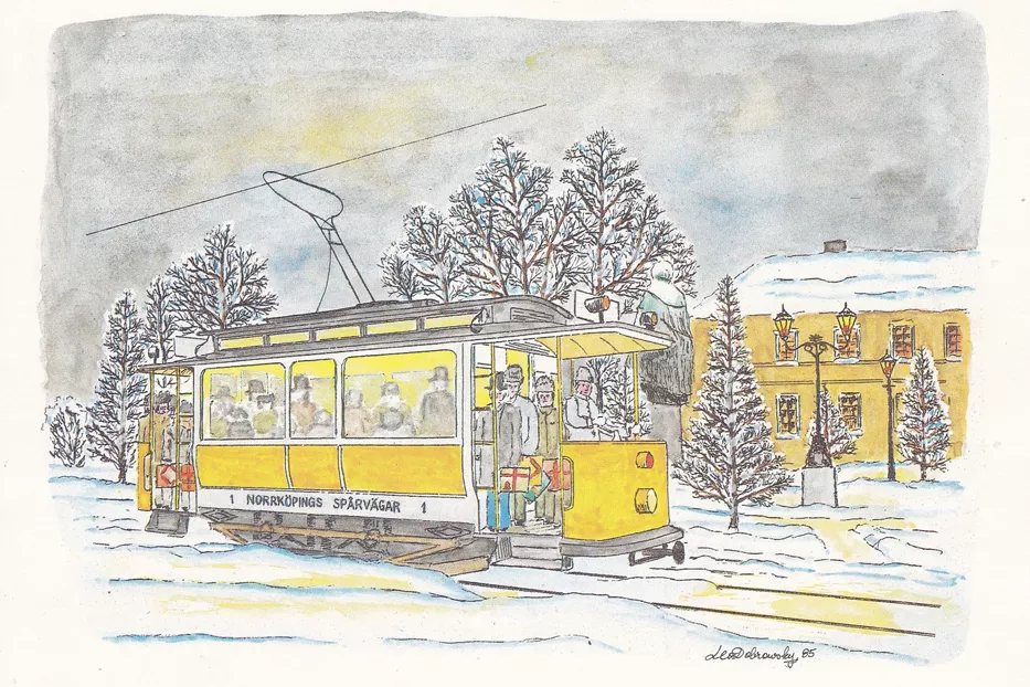 Postcard: Norrköping museum line 1 with railcar 1 at Karl Johans Park (1985)
