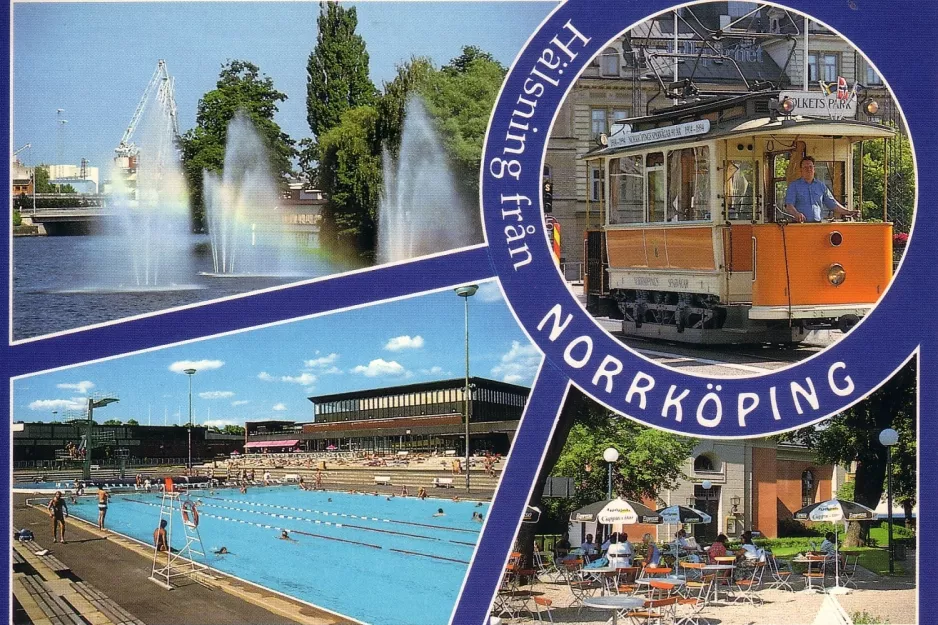 Postcard: Norrköping museum line 1 with railcar 1 on Drottninggatan (1985)