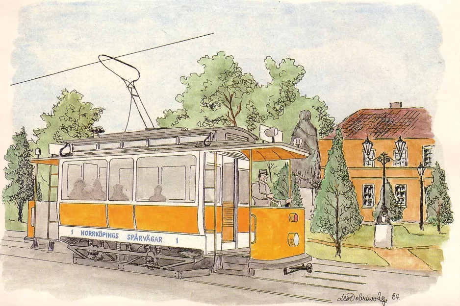 Postcard: Norrköping museum tram 1 close by Centralstation (1984)