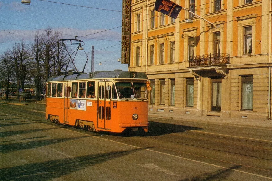 Postcard: Norrköping tram line 3 with railcar 139 on Drottninggatan (1984)