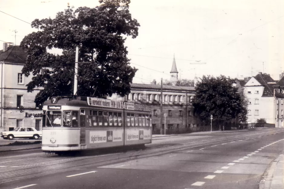 Postcard: Nuremberg tram line 7 with articulated tram 335 at Stadthalle (1981)