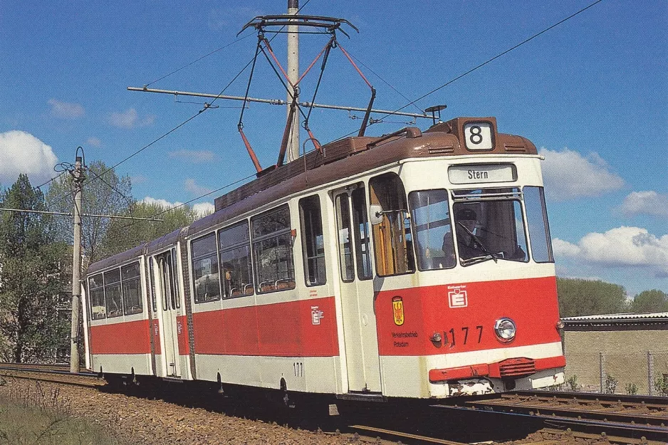 Postcard: Potsdam Themenfahrten with articulated tram 177 near Potsdam Südost (1991)